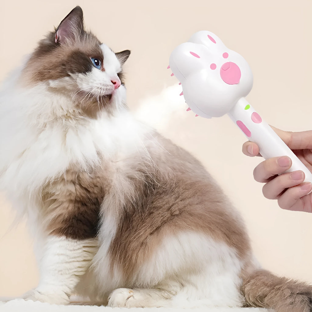 Rechargeable pet steam grooming brush in cartoon design with green, pink or white colour options