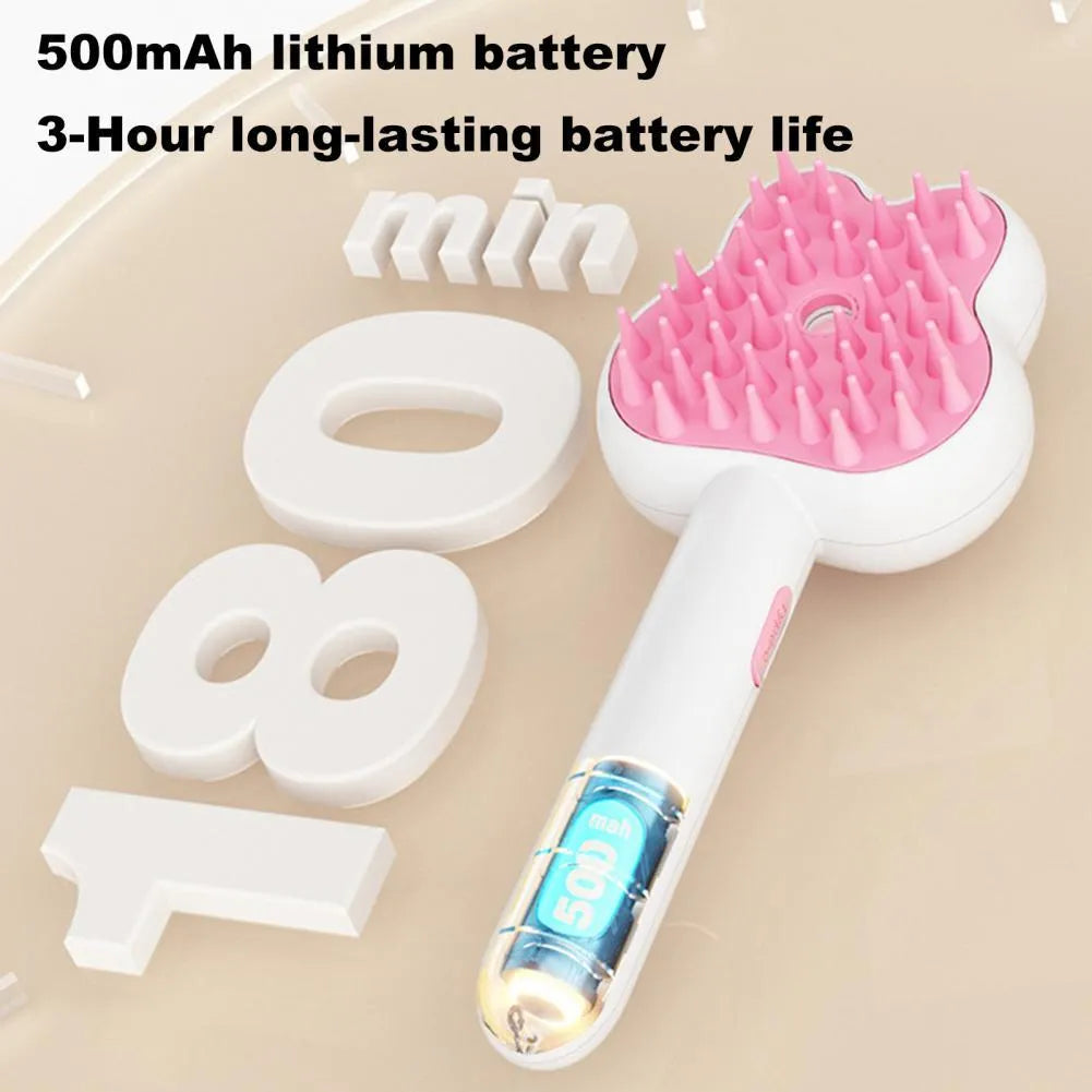 Rechargeable pet steam grooming brush in cartoon design with green, pink or white colour options