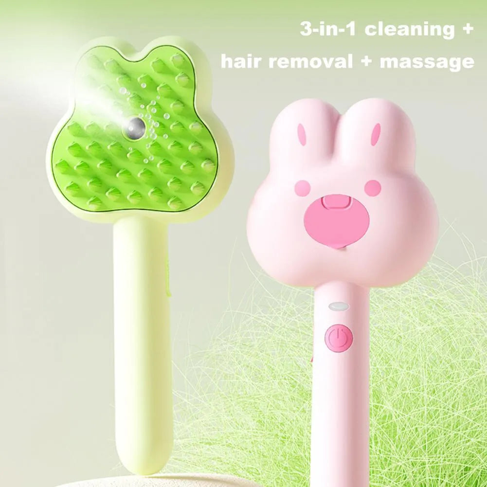 Rechargeable pet steam grooming brush in cartoon design with green, pink or white colour options