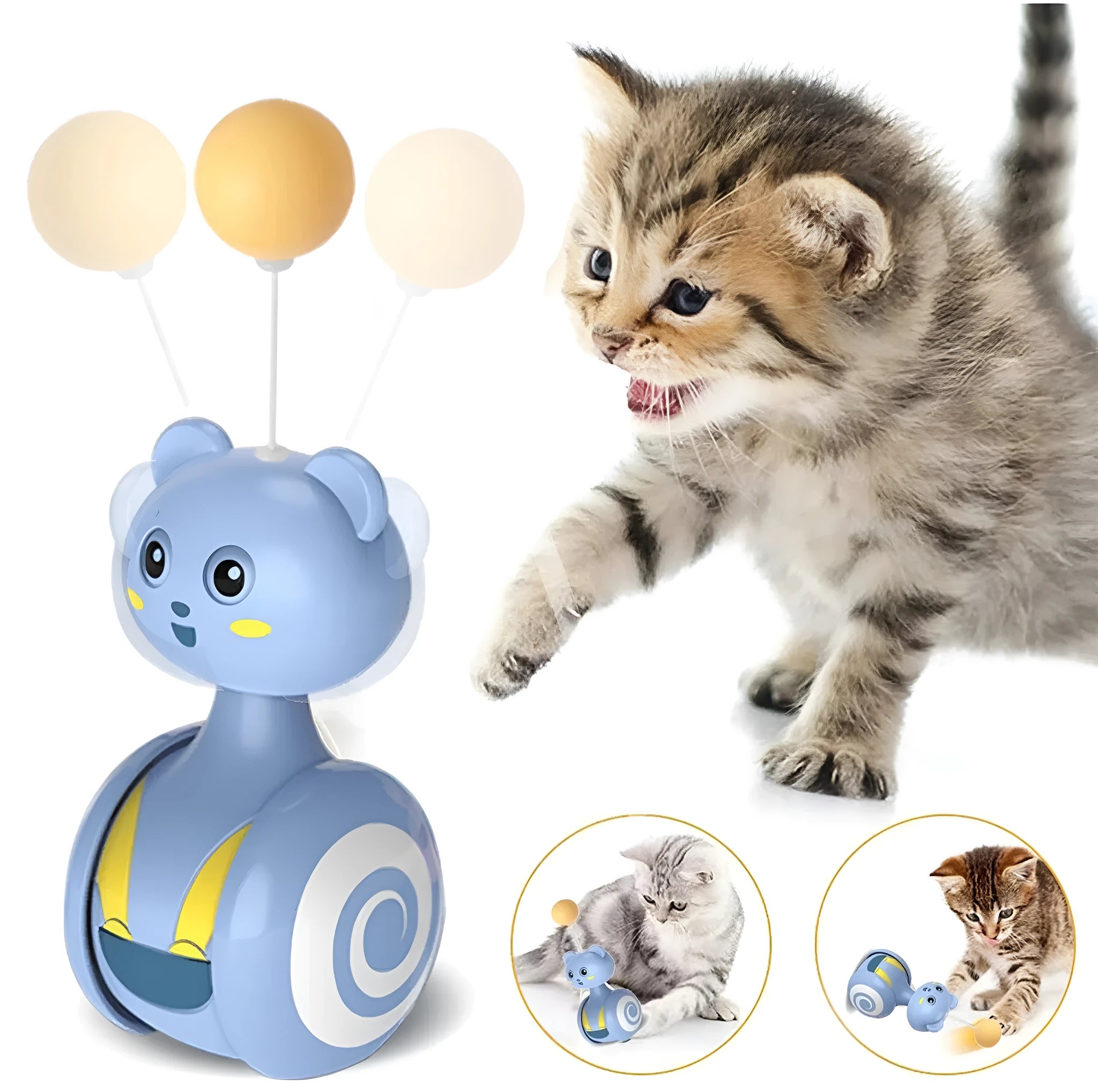 Cat interactive feather toy with rotating ball tumbler design in pink and blue colour options