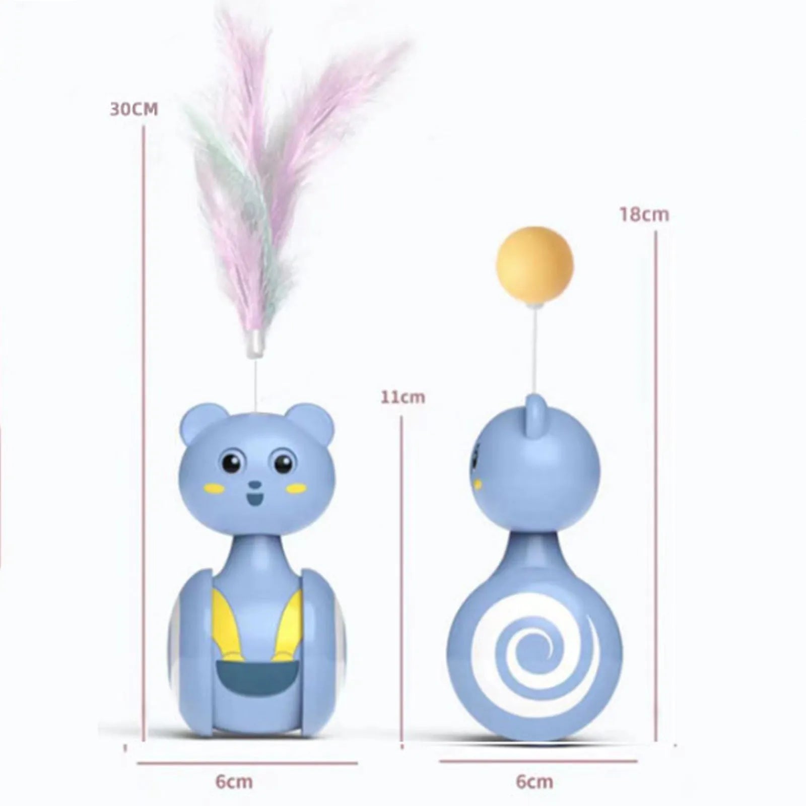 Cat interactive feather toy with rotating ball tumbler design in pink and blue colour options