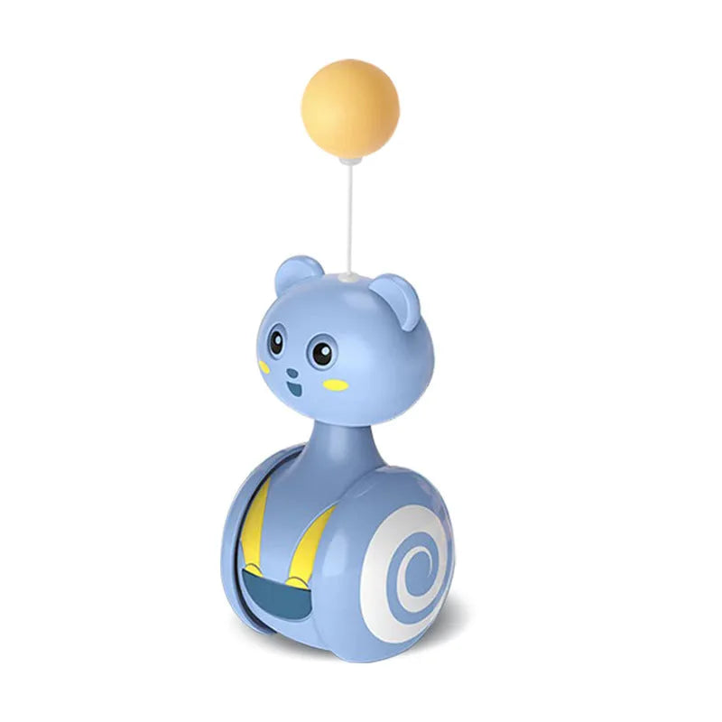 Cat interactive feather toy with rotating ball tumbler design in pink and blue colour options