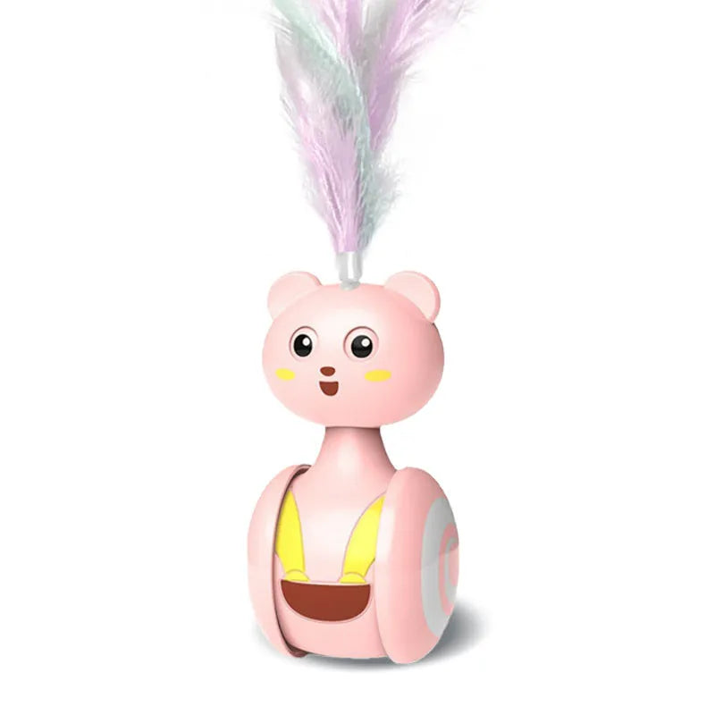 Cat interactive feather toy with rotating ball tumbler design in pink and blue colour options