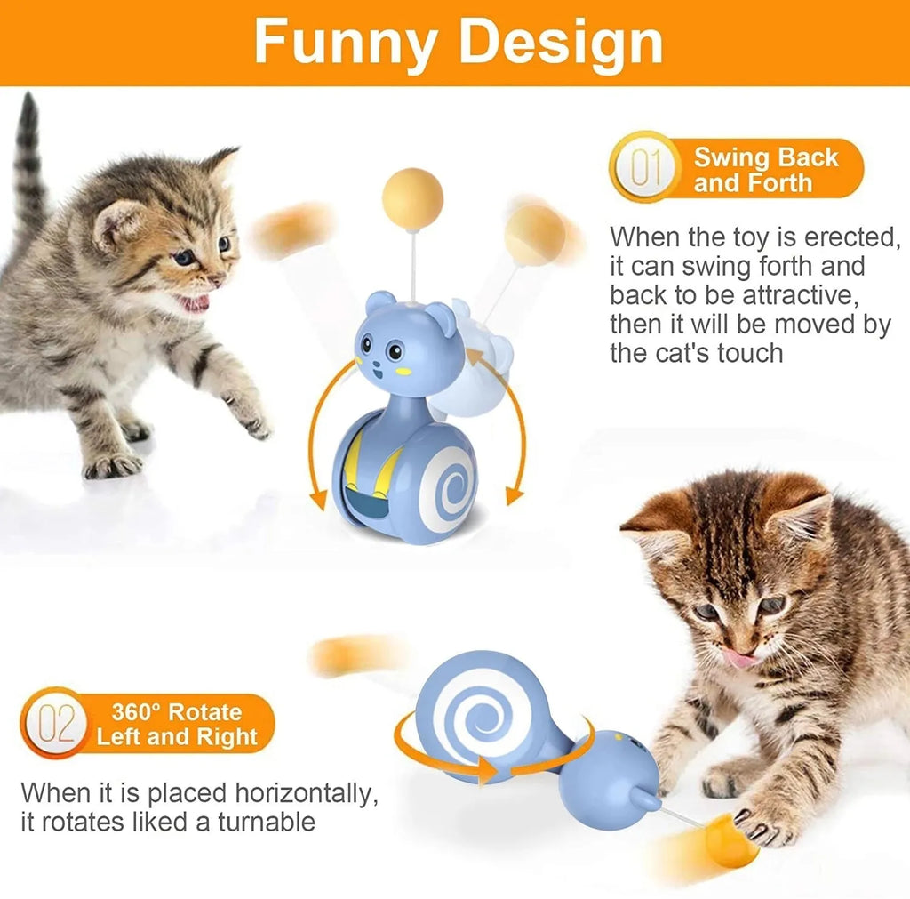 Cat interactive feather toy with rotating ball tumbler design in pink and blue colour options