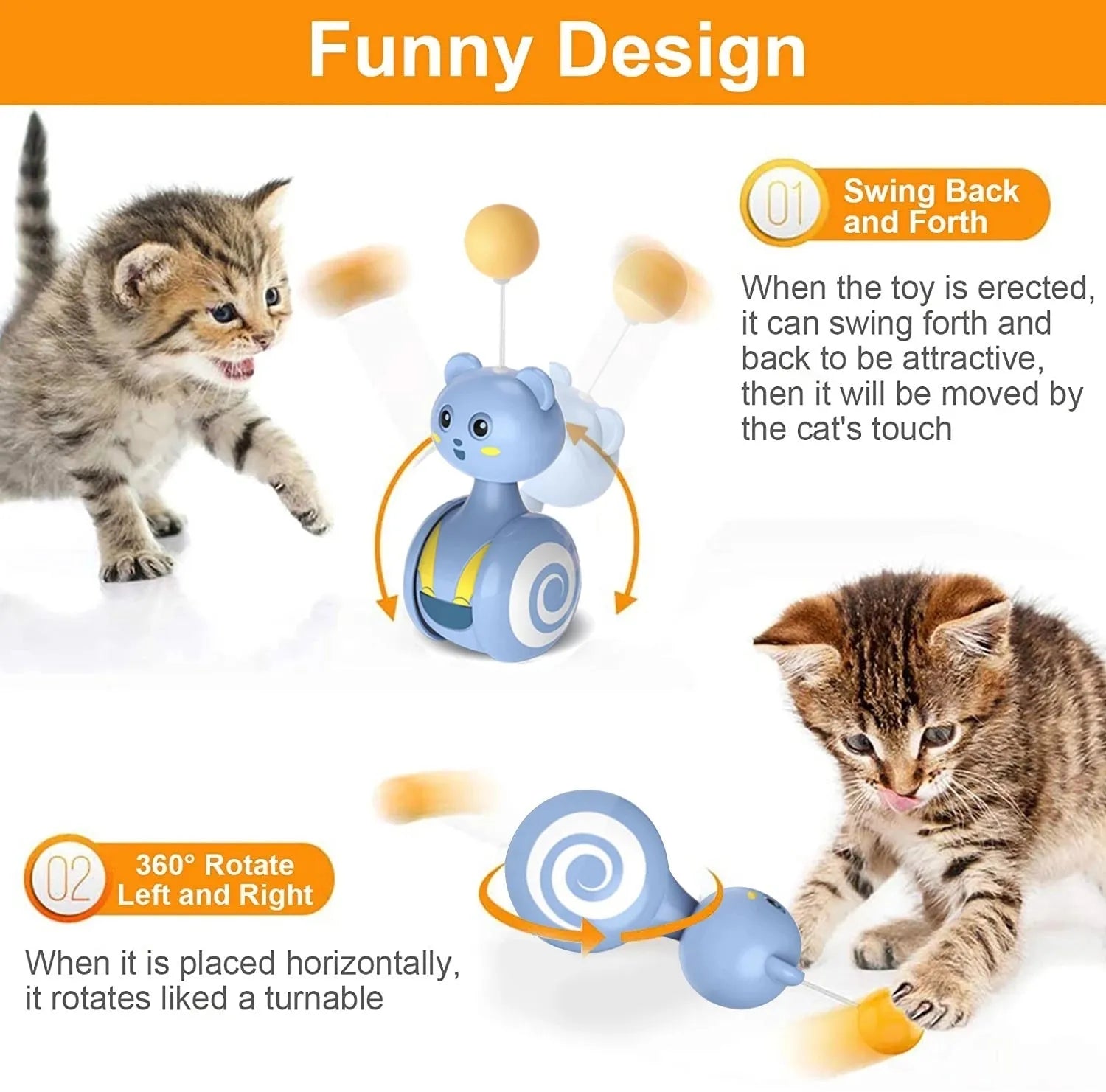 Cat interactive feather toy with rotating ball tumbler design in pink and blue colour options