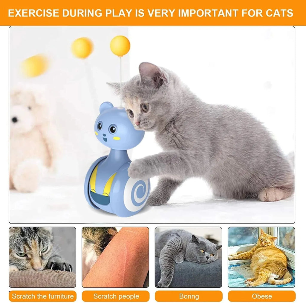 Cat interactive feather toy with rotating ball tumbler design in pink and blue colour options