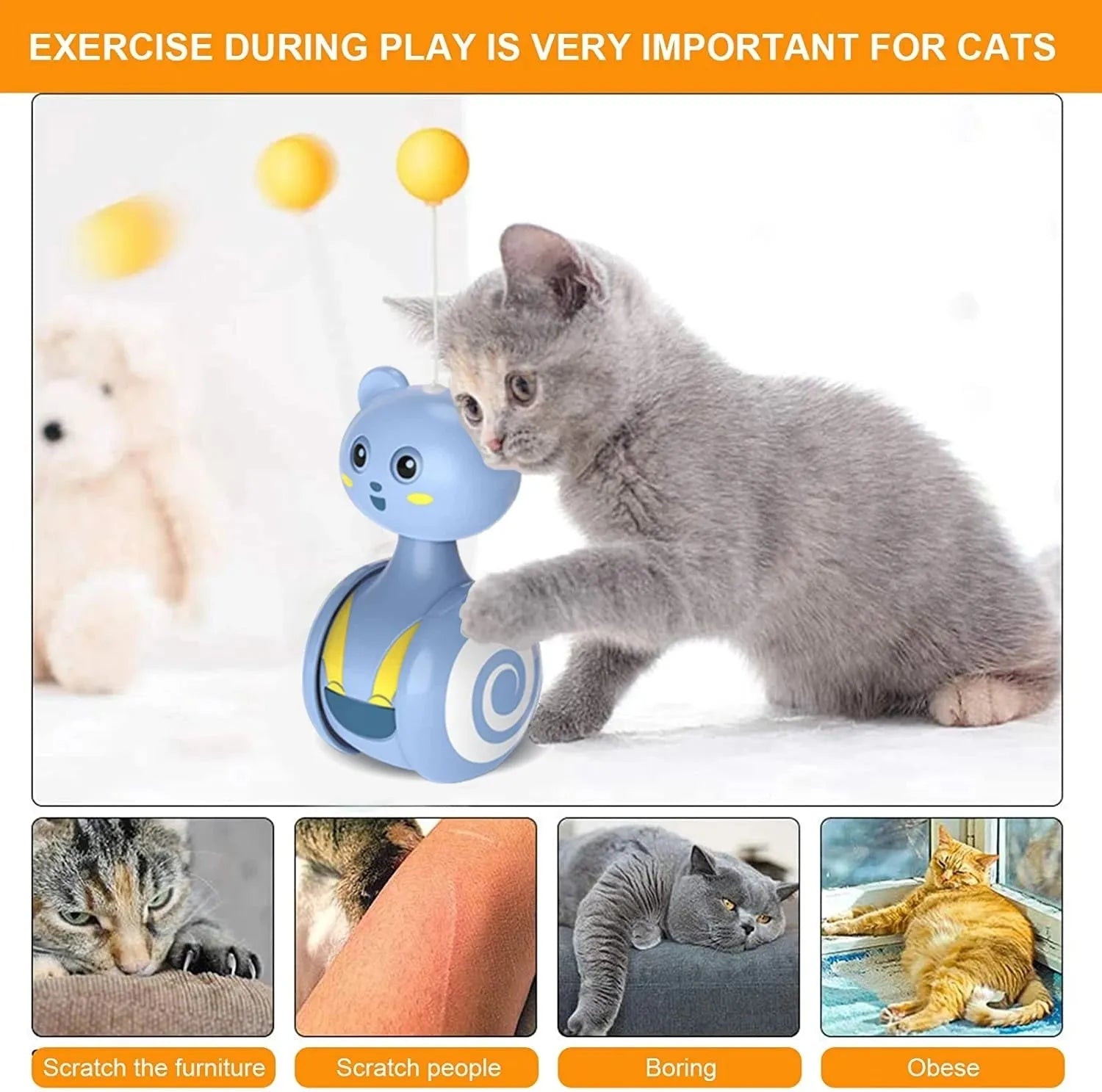 Cat interactive feather toy with rotating ball tumbler design in pink and blue colour options