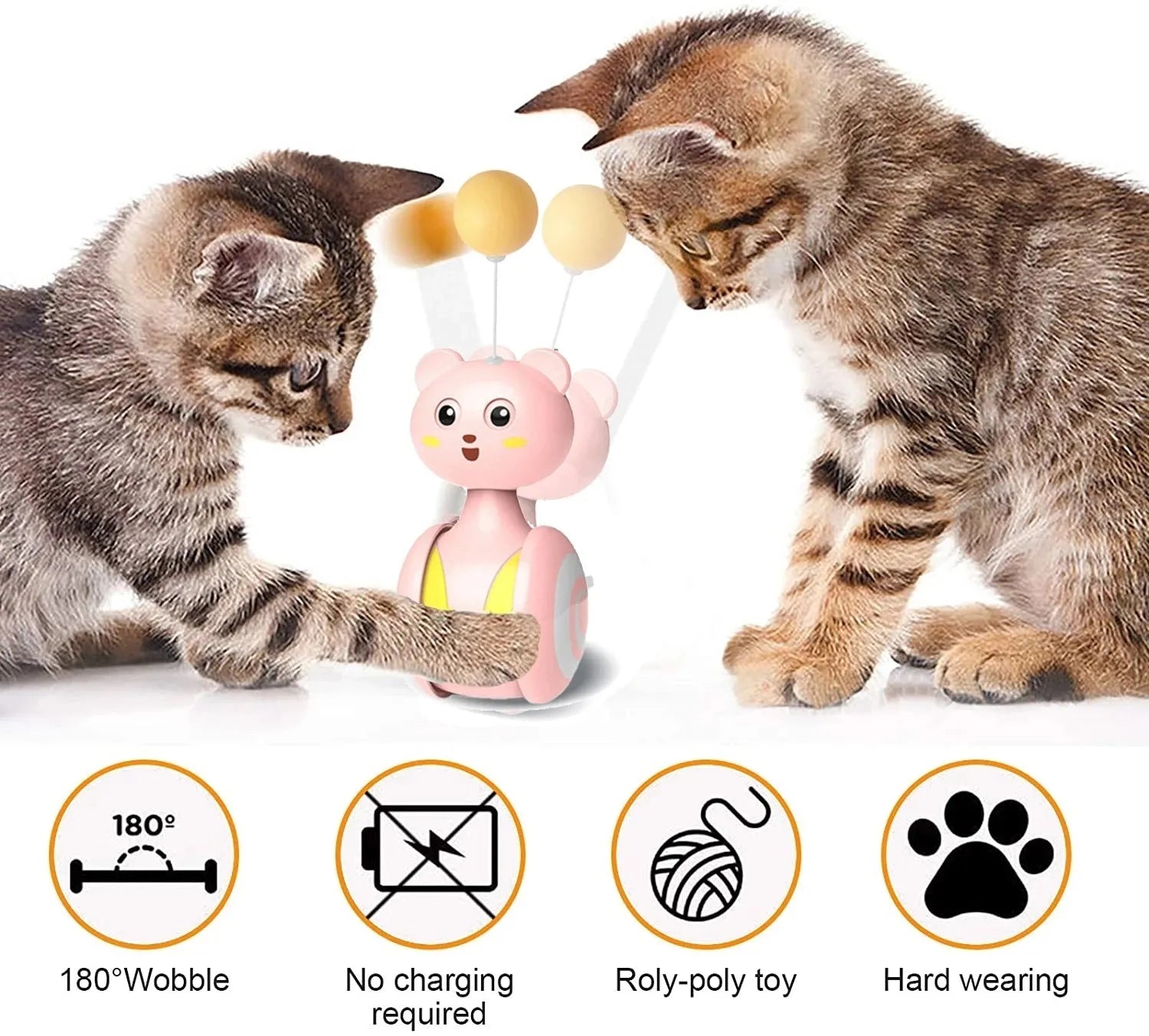 Cat interactive feather toy with rotating ball tumbler design in pink and blue colour options