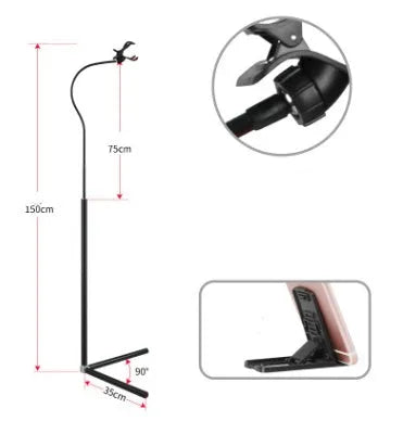 Black and white mobile phone bracket for bed with universal folding clamp on overhead support shelf