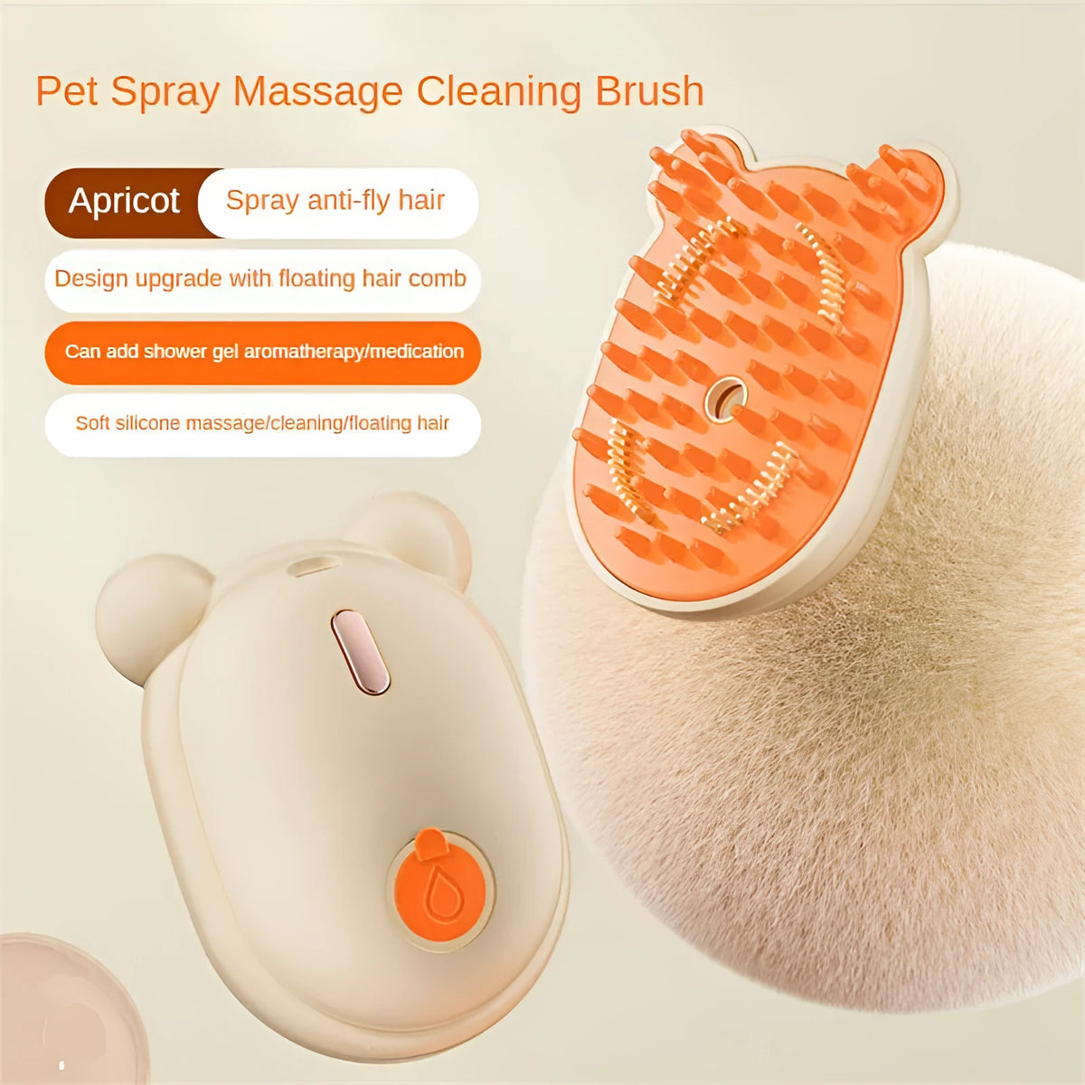 Pink and yellow pet grooming comb with spray function, soft rubber teeth, and removable silicone head