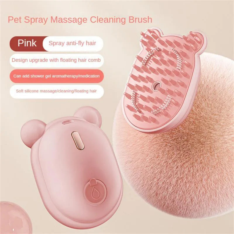 Pink and yellow pet grooming comb with spray function, soft rubber teeth, and removable silicone head