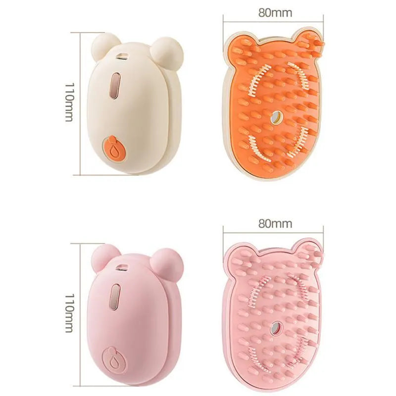 Pink and yellow pet grooming comb with spray function, soft rubber teeth, and removable silicone head