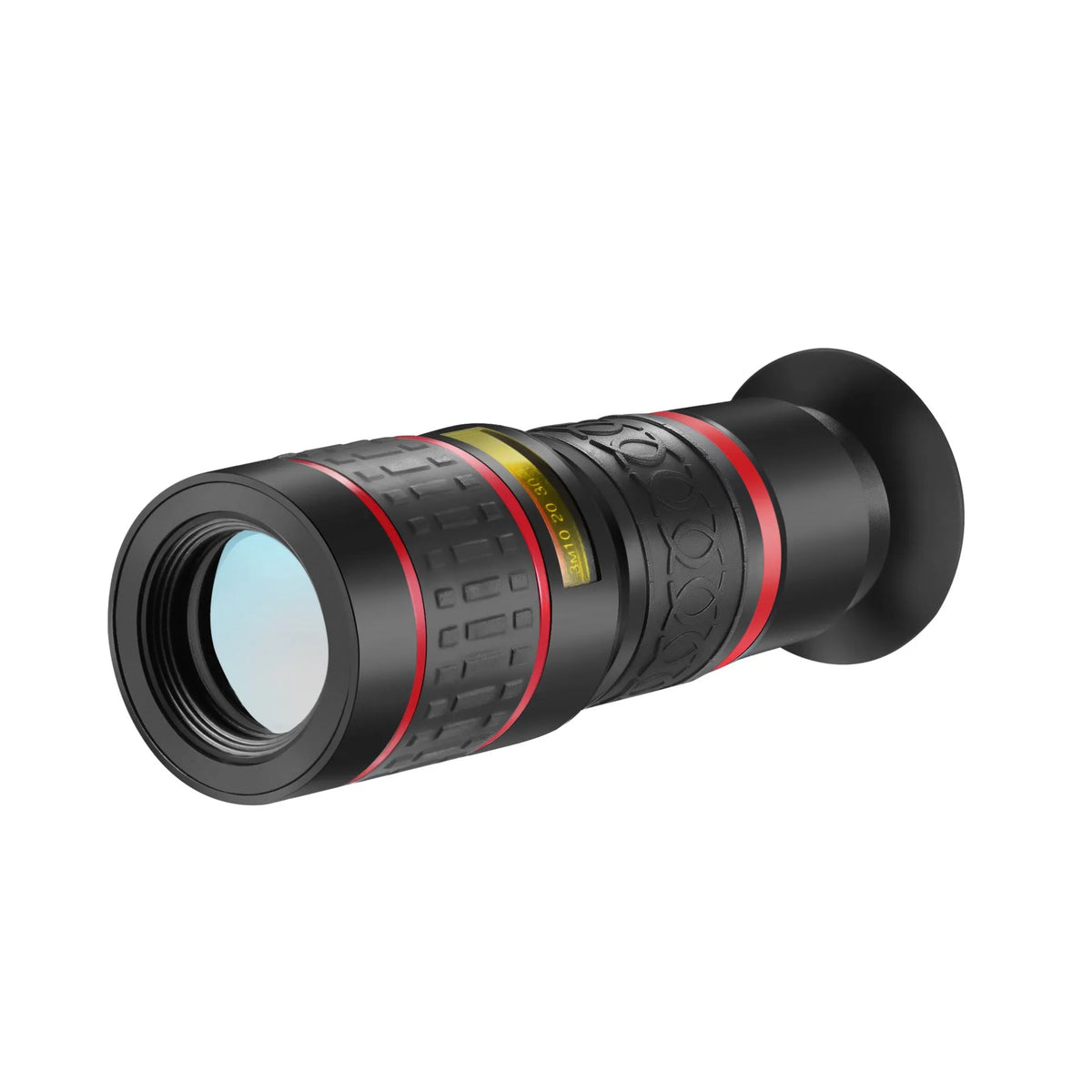 20x magnification smartphone telescope with universal mounting clip and plastic housing on a mobile phone.