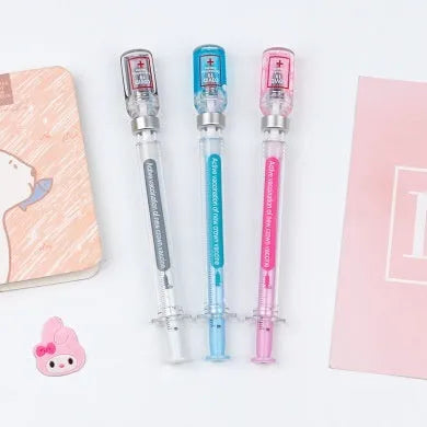 Creative vaccine pen design gel pen with 0.5mm black refill, 15.7cm plastic novelty writing instrument
