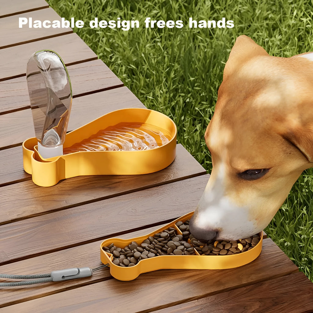 Orange and white portable pet water feeder bottle with food container compartment