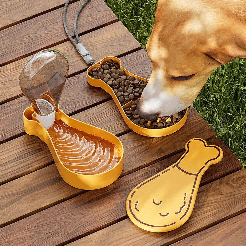 Orange and white portable pet water feeder bottle with food container compartment