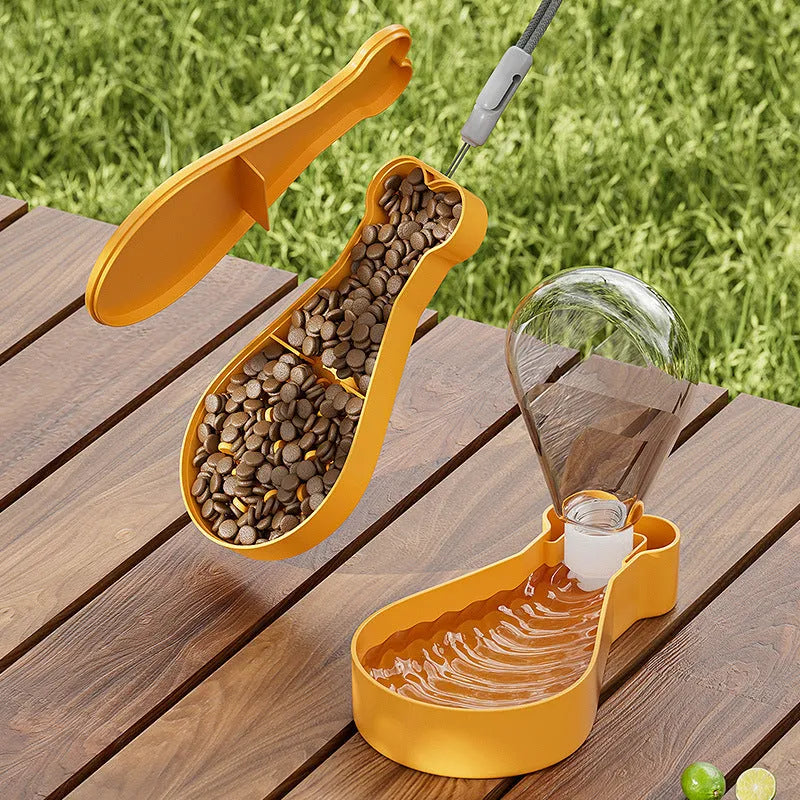 Orange and white portable pet water feeder bottle with food container compartment