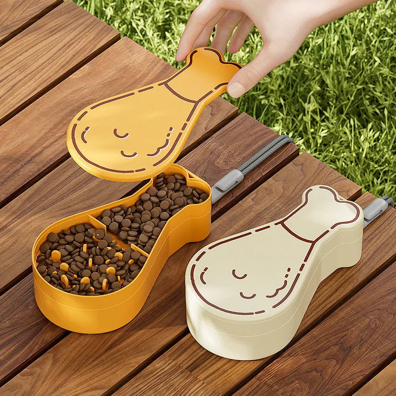 Orange and white portable pet water feeder bottle with food container compartment
