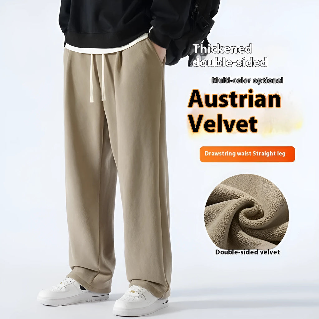 Men's apricot double-sided polar fleece casual trousers with a drawstring waistband, shown laid flat.