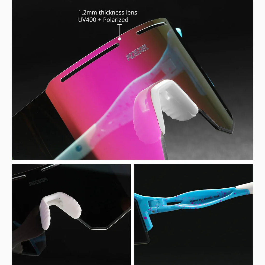 Polarised frameless cycling sunglasses with TR90 sports frame in assorted colours.