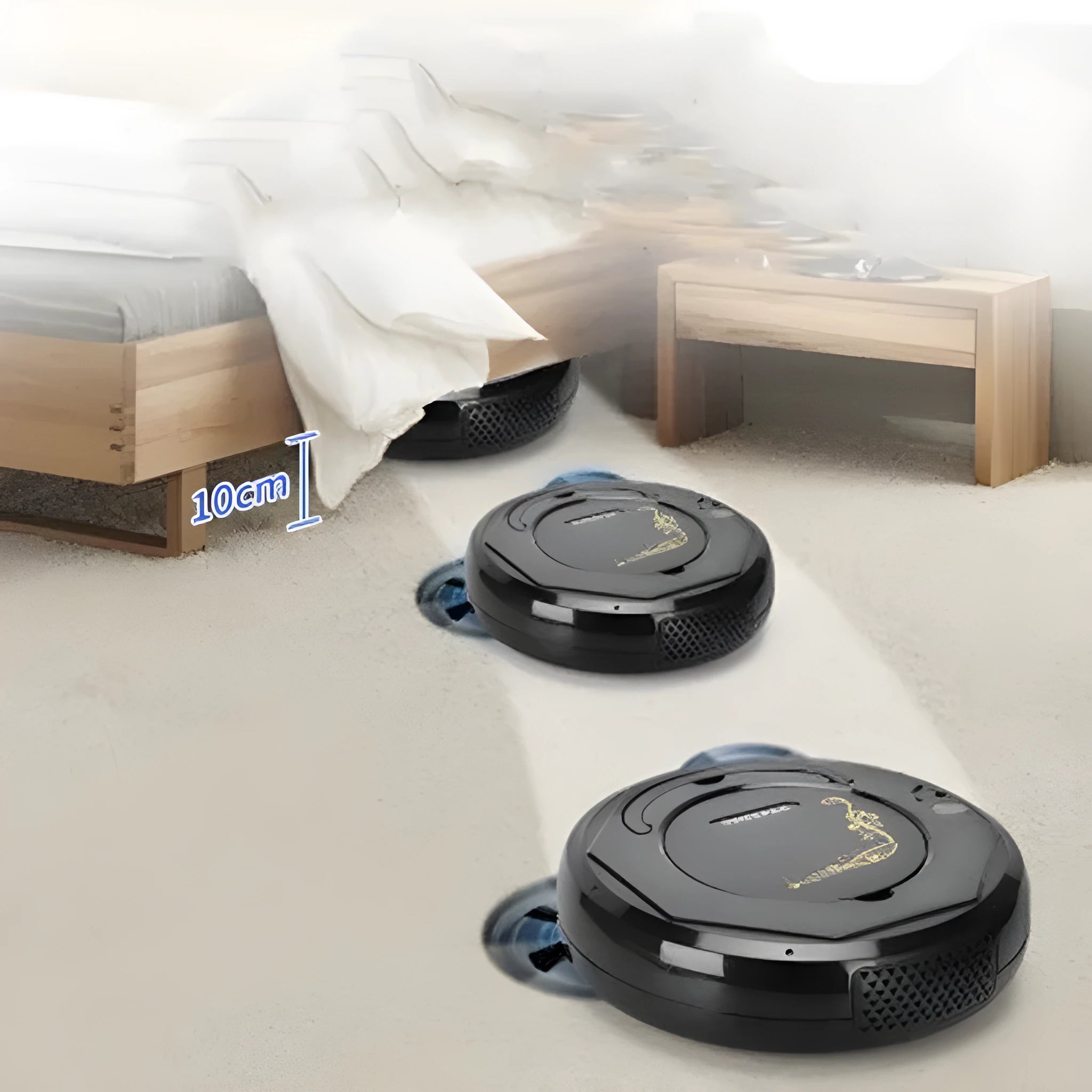 Blue robot vacuum cleaner for automated floor sweeping on tile and wooden flooring