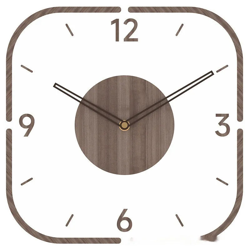 Modern transparent wooden wall clock with square 35cm dimensions showing clear dial and wooden frame