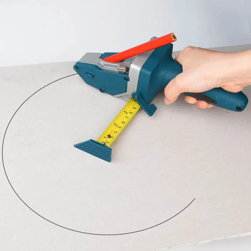 Blue multifunctional woodworking cutter with aluminium alloy body and measurement scale for dust-free board cutting.