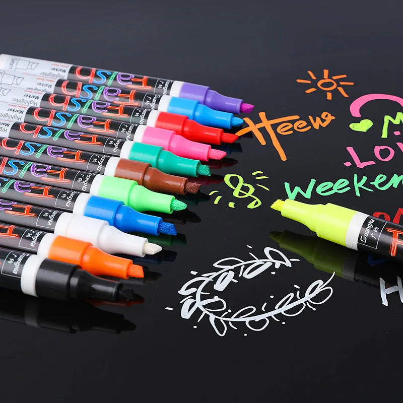 Fluorescent board highlighter with 6mm tip showing oblique pen shape and plastic shell construction