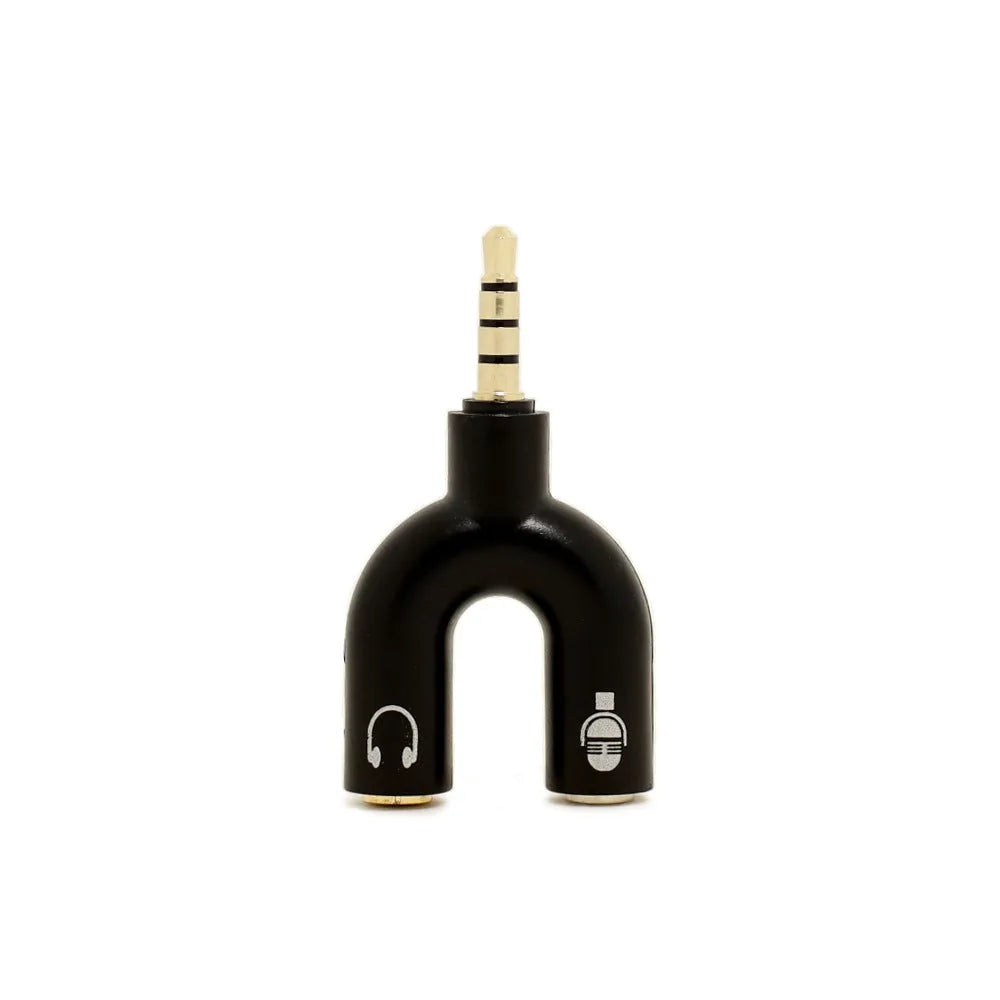 A compact white 3.5mm headphone splitter adapter with two female ports and one male jack.