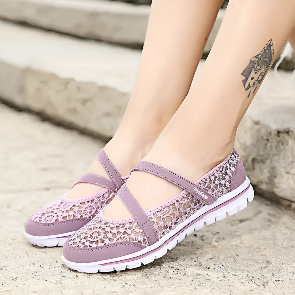 Women's flat heel mesh lace-up casual shoes in multiple colour options