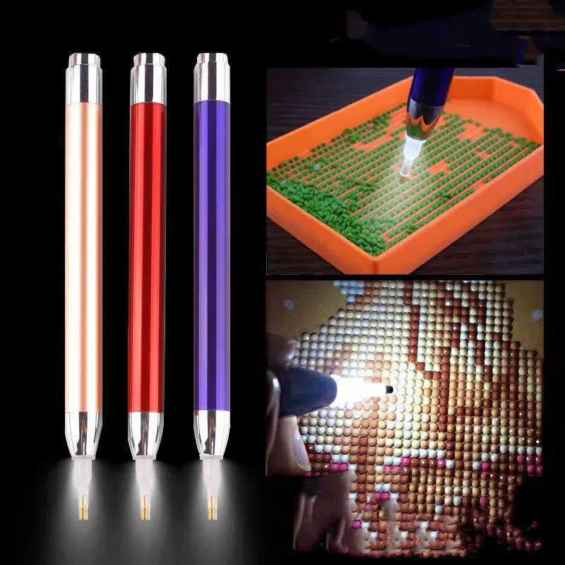 Luminous single-head drill pen for diamond painting crafts in aluminium alloy with metal frame