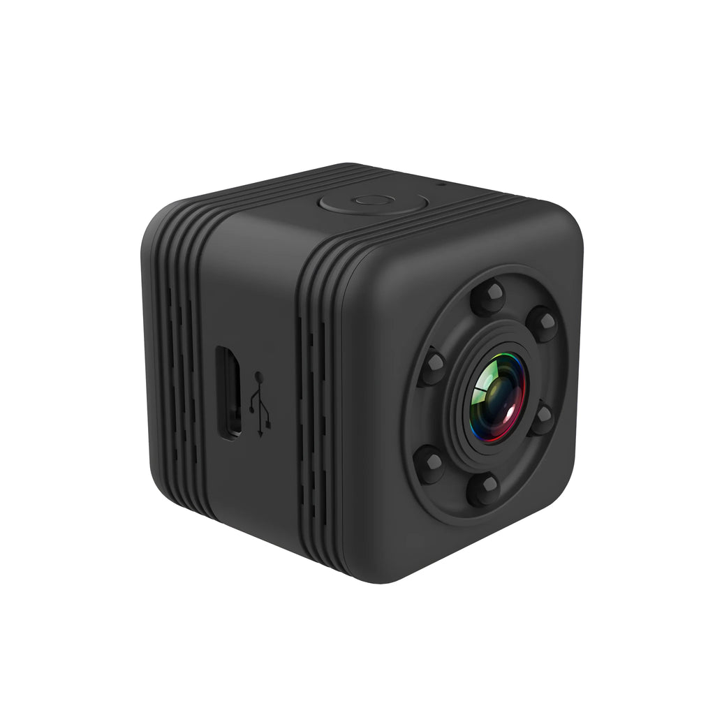 SQ29 black waterproof sports camera with MicroUSB port and TF card slot for action recording.