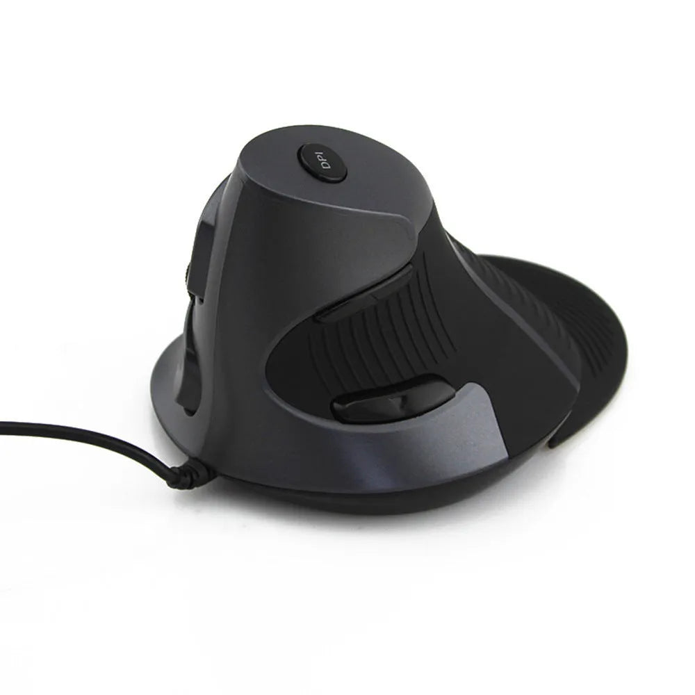 Black ergonomic vertical wired mouse for desktop computers showing natural handshake grip position
