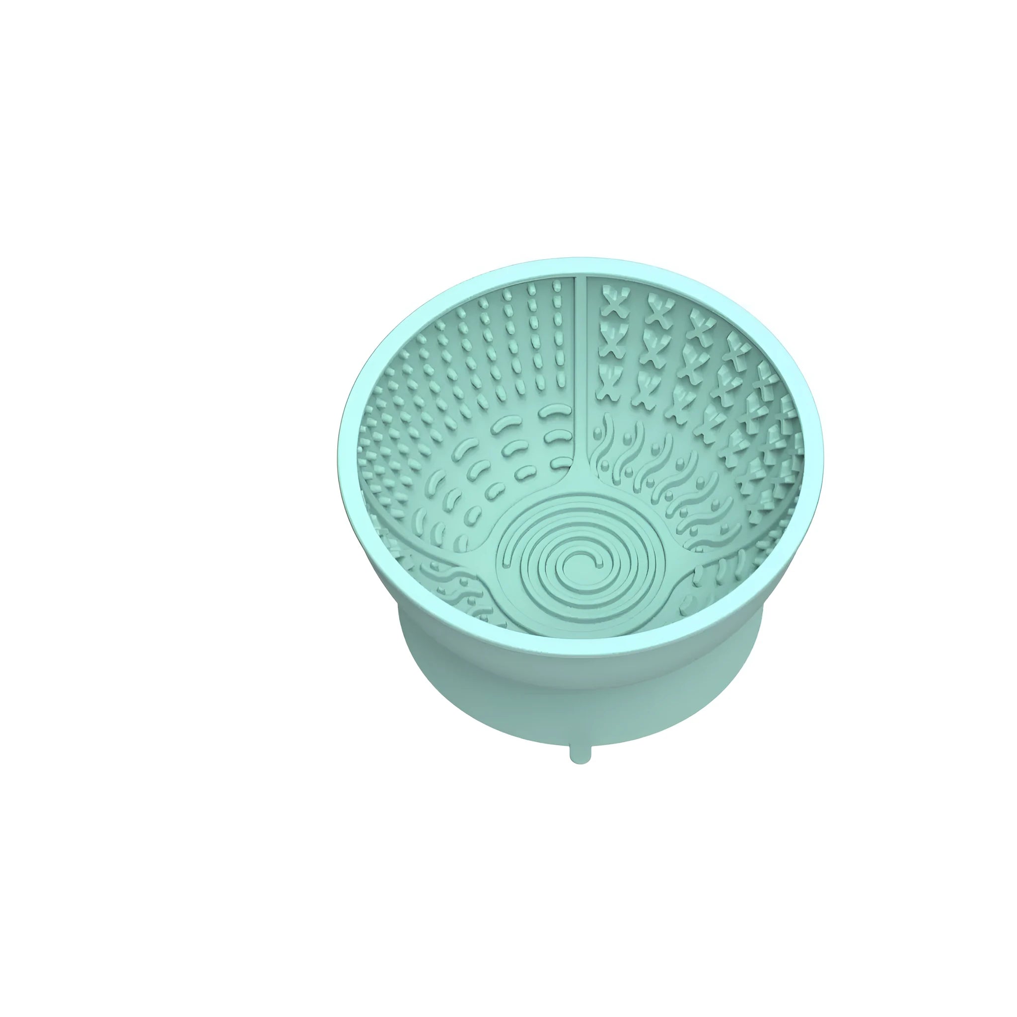 Cyan silicone dog bowl with licking mat texture and suction cup base on a hard floor
