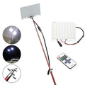 White LED fishing rod light with telescopic pole extended, remote control, showing 120x95mm panel size