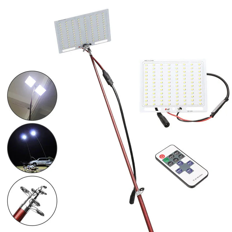 White LED fishing rod light with telescopic pole extended, remote control, showing 120x95mm panel size