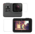 Transparent 9H tempered glass screen and lens protector films for GoPro Hero 5, 6, 7 cameras.