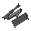 Black car phone holder mounted on rear seat base with universal tablet cradle
