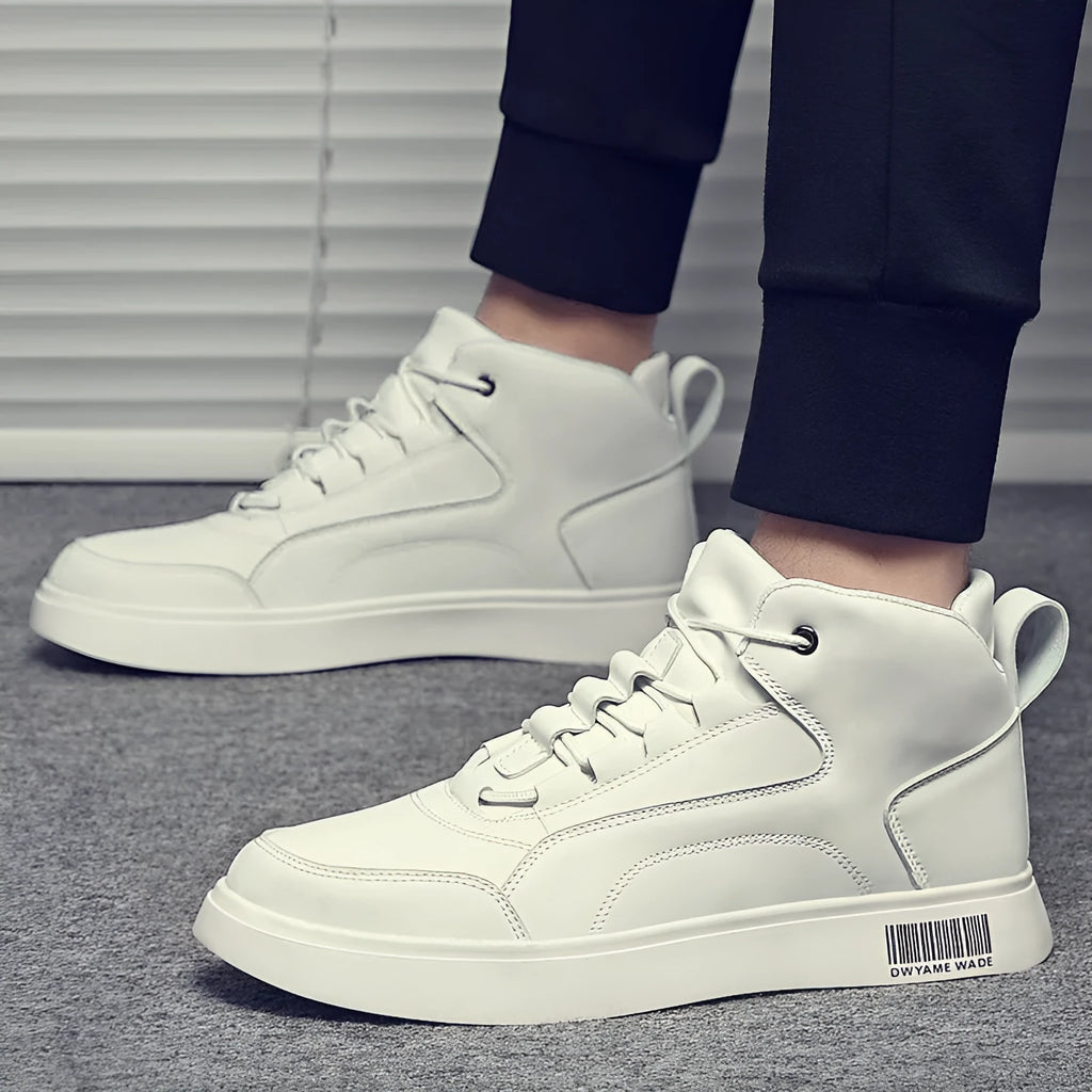 Men's white low-top board shoes with microfiber upper and rubber sole, lace-up front closure