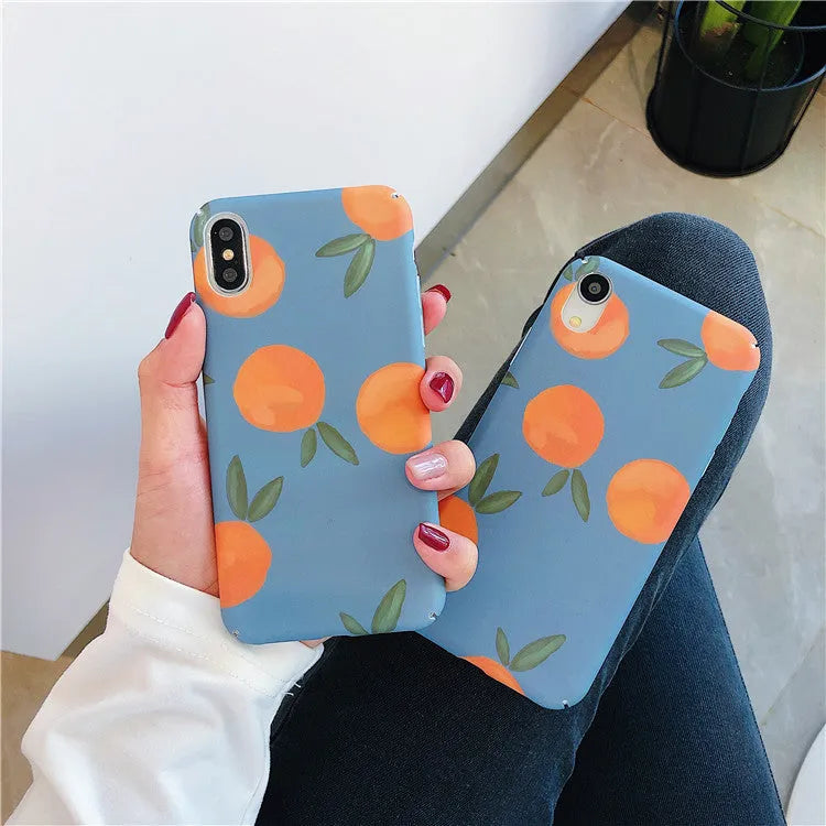 Orange retro plastic iPhone case with blue water pattern background design