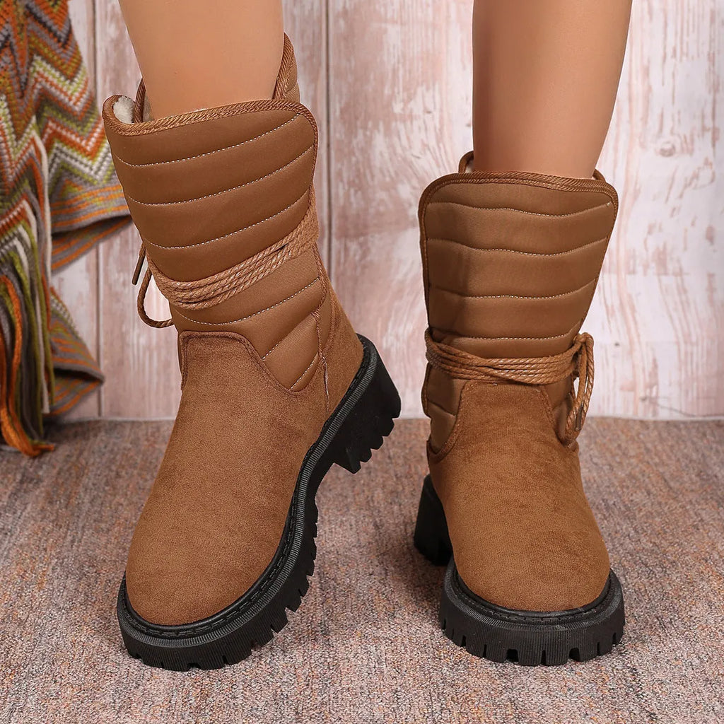 Women's black suede chunky heel snow boots with lace-up design and fleece lining