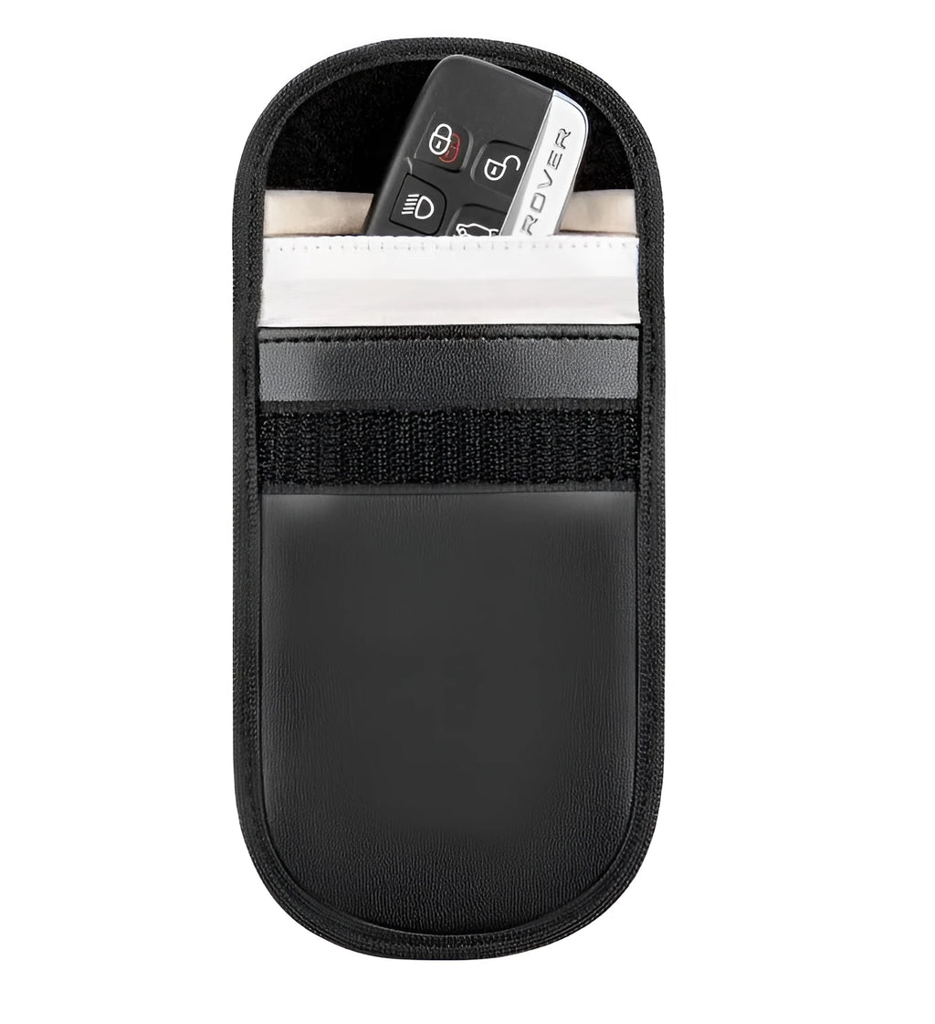 Black microfiber Faraday cage signal blocker bag for car keys and phones measuring 13.5 by 9.5 centimetres