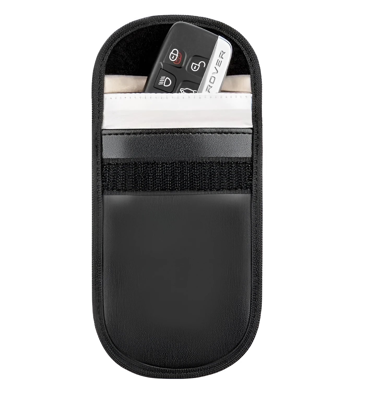 Black microfiber Faraday cage signal blocker bag for car keys and phones measuring 13.5 by 9.5 centimetres