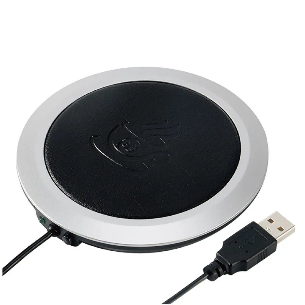 USB heating coaster in black, blue, and orange colours with insulated design