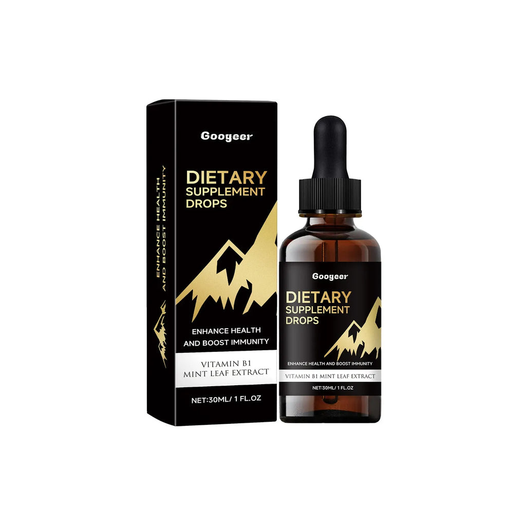 30 ml bottle of dietary supplement drops with a glass dropper on a white background.