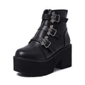 Black women's Harajuku punk style Martin boots with bat buckle detailing and side zipper