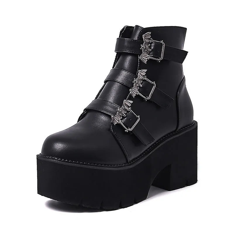 Black women's Harajuku punk style Martin boots with bat buckle detailing and side zipper