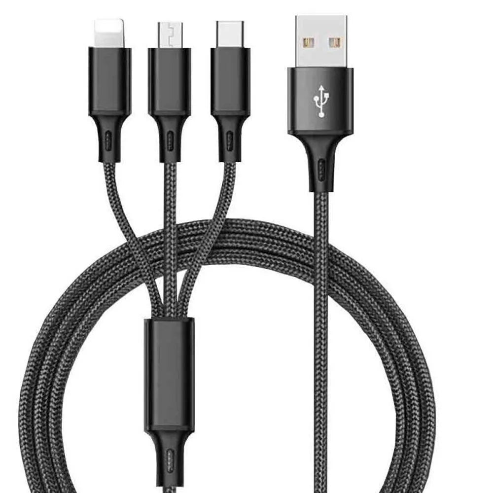 Black 3-in-1 braided charging cable with Lightning, Micro-USB and Type-C connectors on a 1.25m nylon cord