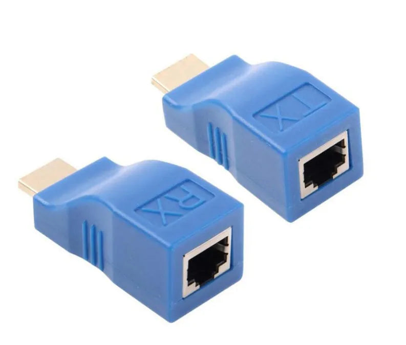 HDMI over Cat-5e/6 extender kit showing compact transmitter and receiver units for 30m 1080P signal extension.