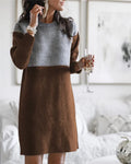 Brown women's patchwork skirt dress with long sleeves and loose round neck in cotton polar fleece fabric